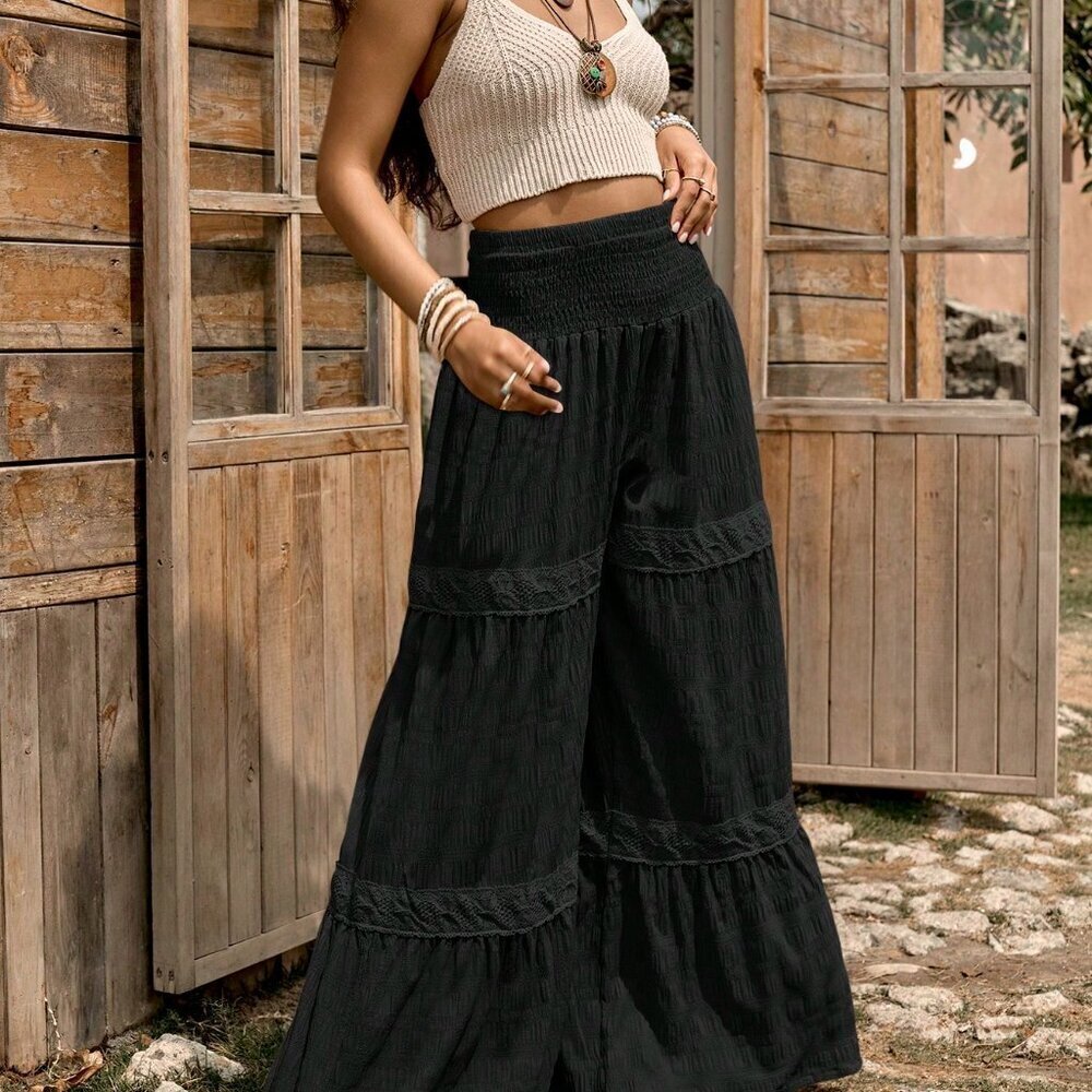 Black Boho Women's Western Textured Floral Patchwork Pants - Picture 6 of 6
